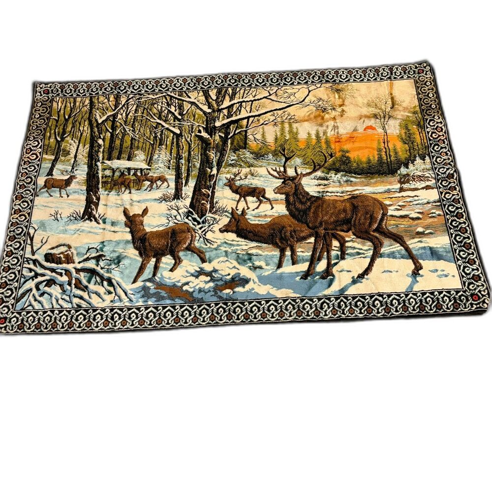 Vintage Woodland Deer Scene Rustic Cabin Large Tapestry